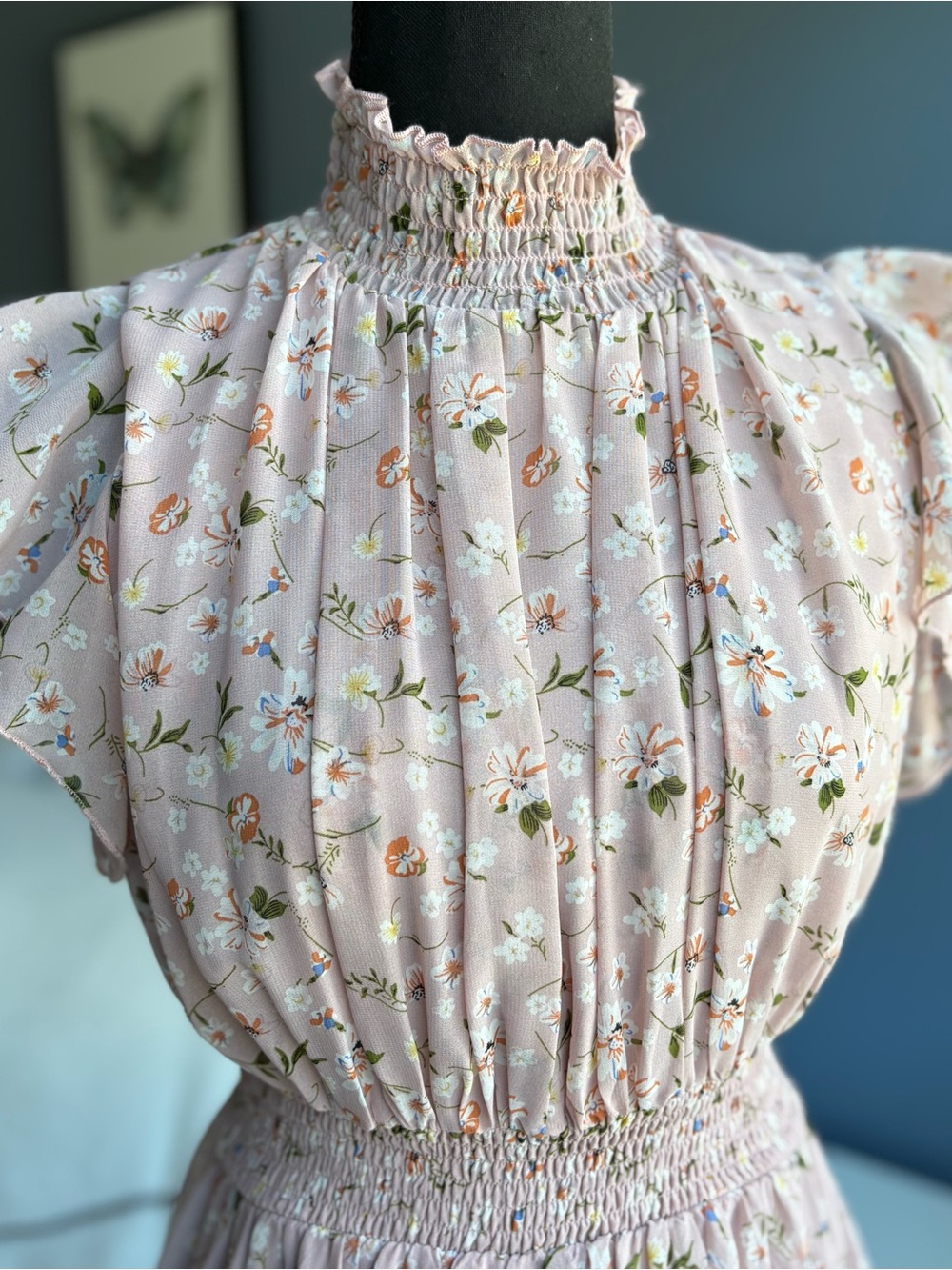 MELLODAY Pink Floral Smocked Maxi Dress with Ruffle Shoulders - Picture 13 of 16